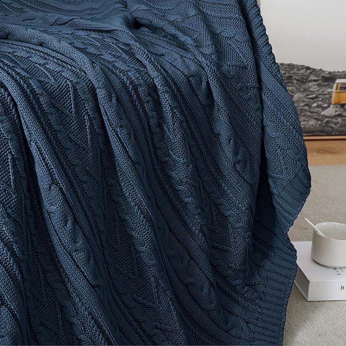 Aormenzy Navy Blue Cable Knit Throw Blanket Oversized 60" x 80" Super Soft Comfy Knitted Blanket for Couch Bed Sofa, Twin Size
