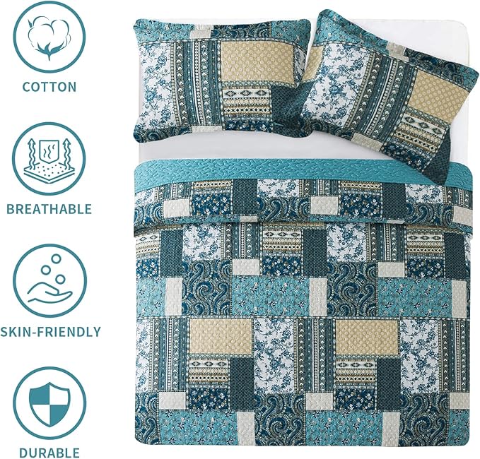 BEDIFANY Cotton Queen Size Quilt Sets, Lightweight Bedspread Queen Size Coverlet Boho Queen Quilt, Soft Farmhouse Queen Quilt Bedding Sets for Bed Decorations for All Seasons (3 Pieces, Blue)