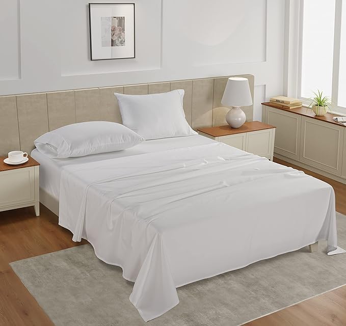 Lane Linen 100% Cotton Sheets – 450 Thread Count Full Size Sheet Set, Naturally Cooling Sateen Sheets, Soft & Comfy, 15” Deep Pocket Fully Elasticized Fitted Sheet, Bedding Sheets & Pillowcases, White
