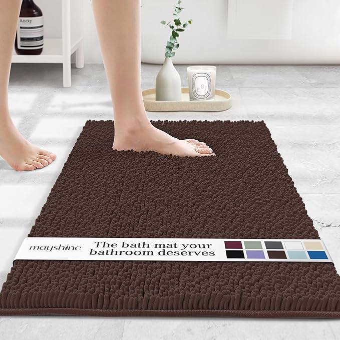 MAYSHINE Plush Shaggy Chenille Bath Mat | Extra Soft, Super Absorbent, Non-Slip Bathroom Rug | Fluffy Microfiber, Area Rug Sets for Bathroom Floor, Kitchen, Living Room | 32"x20" | Brown