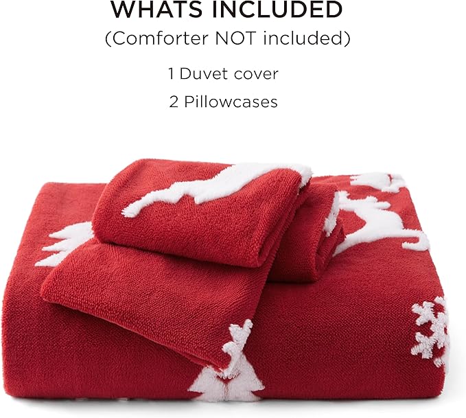 Bedsure Fluffy Christmas Duvet Cover Set - Ultra Soft Plush Shaggy Comforter Cover Queen Size, Warm Flannel Fleece Bed Sets for Winter, 3 Pieces, Reindeer Pattern, Red