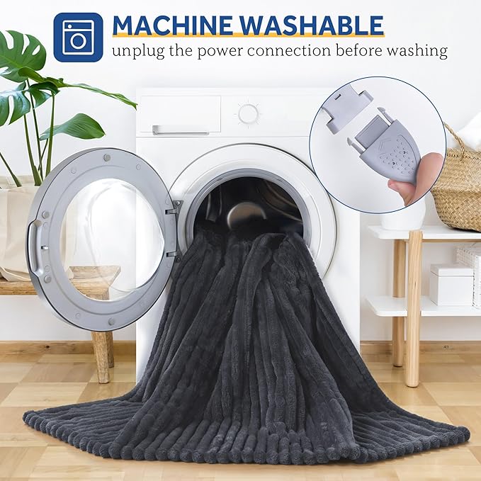 Sealy Electric Blanket Queen Size, Soft Ribbed Flannel to Sherpa Reversible Heated Blanket with Dual Control 10 Heat Settings & 1 to 12 Hours Auto-Off 84"x90" Machine Washable, Charcoal