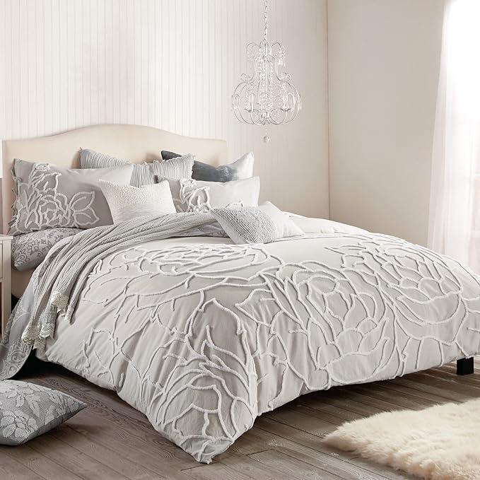 Peri Home 100% Cotton 3-Piece Duvet Cover & Sham Set, Full/Queen, Grey Chenille Rose