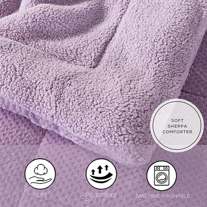KASENTEX Super Ultra Soft Luxury Plush Sherpa Comforter, Cozy Reversible Faux Fur Machine Washable Bedding, Purple, King Size
