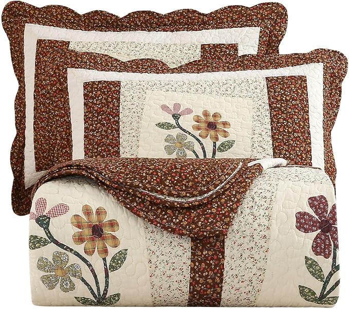 vctops 3 Piece Embroidered Floral Quilted Bedspread Quilt Set 100% Cotton Reversible Patchwork Coverlet Set 1 Quilt and 2 Pillow Shams (Coffee,Queen)