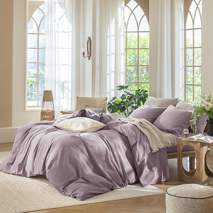 MooMee Bedding Duvet Cover Set 100% Washed Cotton Linen Like Textured Breathable Durable Soft Comfy (Solid Taro Purple, Palatial King/Oversized King 120"x98")