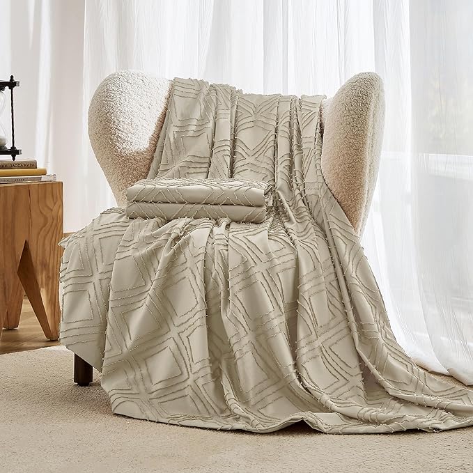 JELLYMONI Duvet Cover Queen Size Khaki - 3PCS Boho Duvet Cover Set Plaid Polyester Tufted Bohemian Jacquard Knit Textured Comforter Cover 90×90in Rhombic Geometric Pattern Zipper Corner Tie