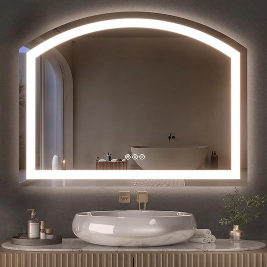 Hasipu 36x28 Inch LED Bathroom Mirror Arch Vanity Mirror with Lights Frontlit Smart Touch Sensor Dimmable 3 Colors Temperature Shatterproof Wall-Mounted Vanity Mirror Metal Frame