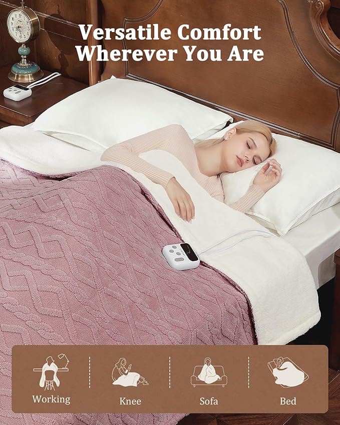 CAROMIO Electric Blanket King Size Dual Control - Thick Tufted Sherpa Heated Blanket King with 10 Heating Levels and 10 Time Settings, ETL Certified Fast Heating Blanket King Size 90"×100", Dusty Pink