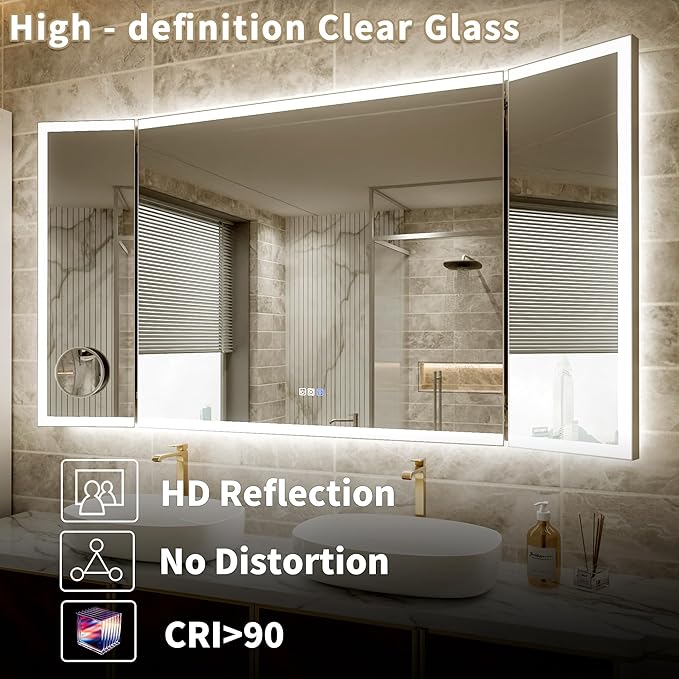 66x36 Trifold Bathroom Mirror with Lights with Removable Magnifier, 180° Foldable LED Mirror for Bathroom, Front&Backlit, Wall Mounted, Stepless Dimming, Color Temper Change, Anti Fog