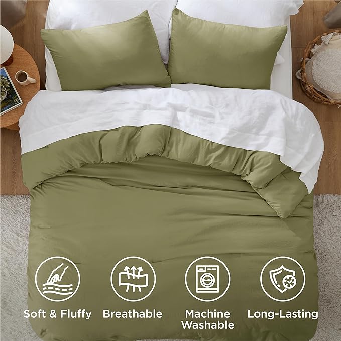 Bedsure Queen Size Comforter Set, Olive Green Soft Prewashed Bedding for All Seasons, 3 Pieces GentleSoft™ Warm Down Alternative Bed Set, 1 Lightweight Comforter (90"x90") and 2 Pillowcases (20"x26")