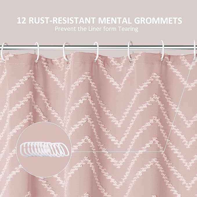 Extra Long Pink Boho Shower Curtain with White Tassel, Woven Fabric Cute Shower Curtain, Tufted Chevron Striped, 72 x 78, Modern Chic Textured Minimalist Bathroom Shower Curtain