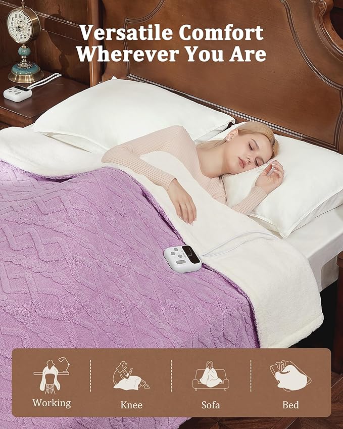 CAROMIO Electric Blanket Queen Size Dual Control - Thick Tufted Sherpa Heated Blanket with 10 Heating Levels and 10 Time Settings, ETL Certified Fast Heating Blanket Queen Size 84"×90", Purple