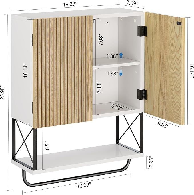 Bathroom Wall Medicine Cabinet, Fluted Hanging Bathroom Wall Mounted Cabinet with Towel Bar, Above Toilet Storage Cabinet for Bathroom Organizers and Storage, Medium Size, White