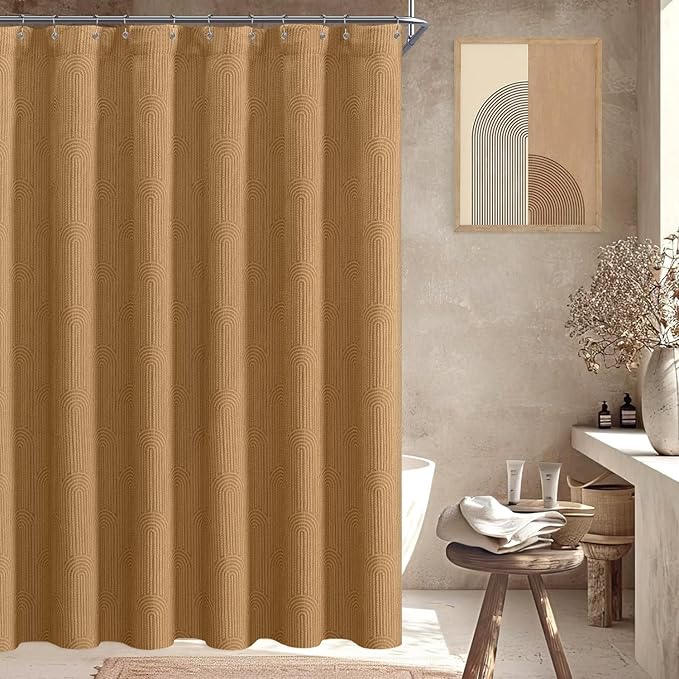 Awellife Boho Shower Curtains for Bathroom Cotton Fabric Touch Terracotta Bohemian Mid Century Minimalist Arch Brown 72" L X 72" W