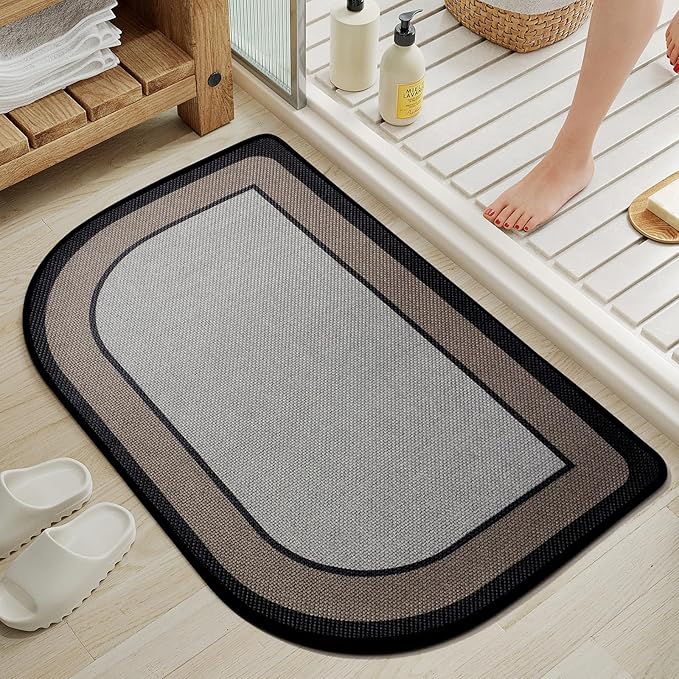 Half Circle Bath Mat,Thin Bathroom Rugs Fit Under Door Quick Dry Non Slip Washable Bathroom Mat with Rubber Backing,Absorbent Woven Half Round Shower Mat Rug,Gray Gray Brown