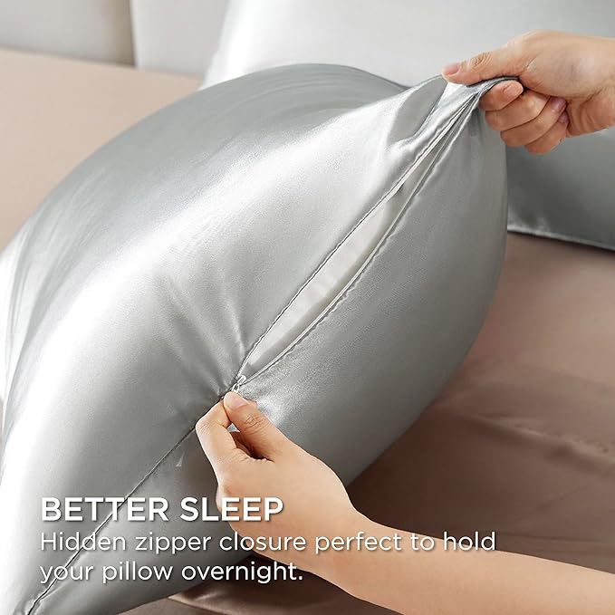 Bedsure Satin Pillowcase with Zipper, Similar to Silk Pillow Cases 2 Pack, Grey Satin Pillow Cases Queen Size Set of 2, Silky & Soft Pillow Covers for Hair and Skin, Gifts for Women Men, 20x30 Inches