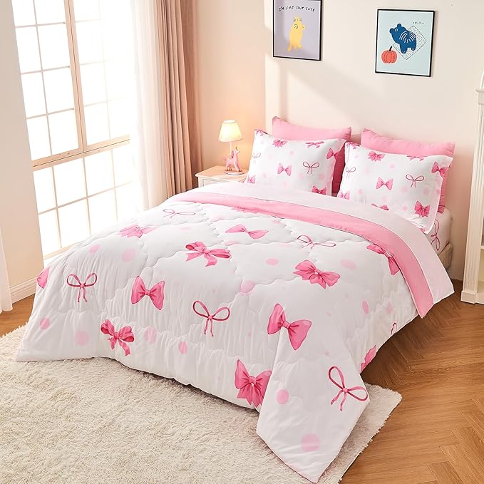 Wajade 7 Piece Pink Bow Bedding Set for Girls Kids Queen Size Comforter Set with Sheet and 2 Pillowcases 2 Pillow Shams Cute Girls Bed in a Bag as Birthday Choice