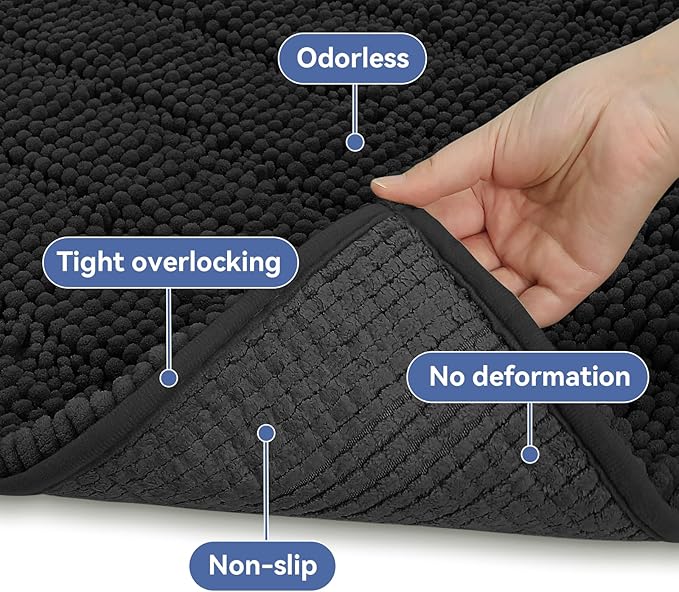 Bcoimo 30"×20" Chenille Bath Mat – Non-Slip with Backing Bath Rug Ultra-Absorbent and Machine Washable Bathroom Mat Quick-Dry Design. Ideal for Bathroom and Tub Areas