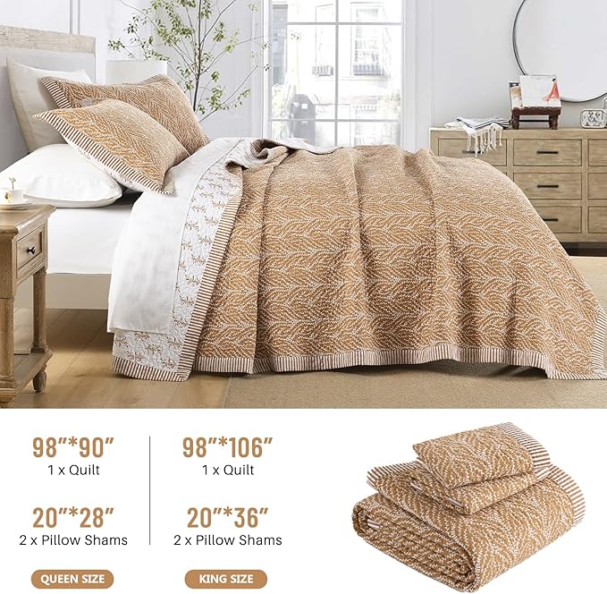 Quilt Set King Size - 100% Cotton Floral Reversible Bedspread Bedding Set, Lightweight Bed Quilts Botanical Pattern Comforter Cover with 2 Pillow Shams, 3-Piece All Season, Orange, 98x106