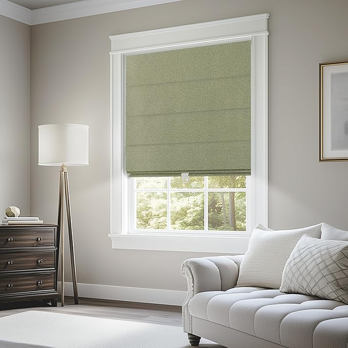 BERISSA Blackout Roman Shades for Windows Cordless,Pull Down Linen Fabric Roman Blinds,Thermal Insulated Window Shades for Door Windows,Bedroom,Office,Easy to Install,Green,Custom Size