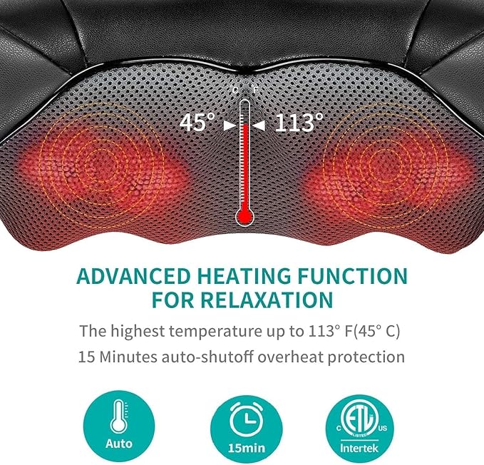 Nekteck Shiatsu Neck and Back Massager with Soothing Heat, Electric Deep Tissue 3D Kneading Massage Pillow for Shoulder Leg Full Body Muscle Pain Relief, Car Office and Home Use