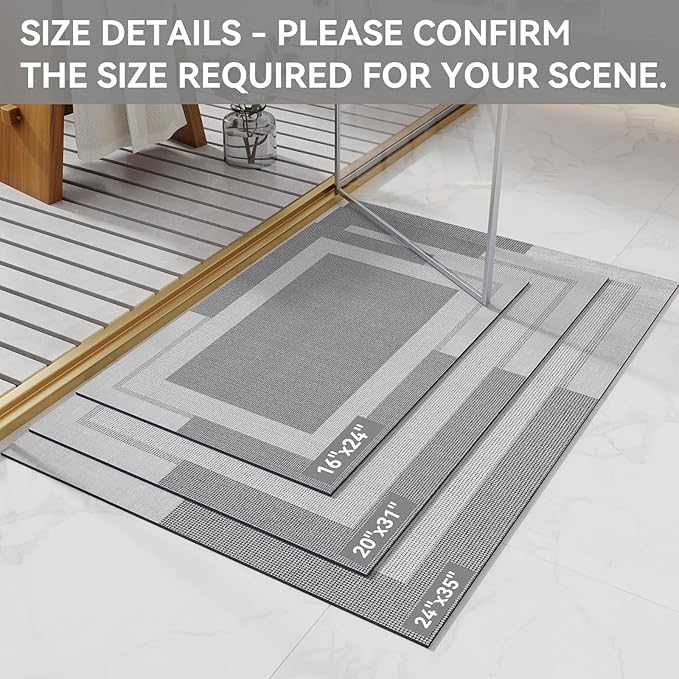 Non Slip Bath Mat, Rubber Backing Ultra Thin Bathroom Rugs Fit Under Door Quick Dry Super Absorbent Washable Bath Rug Shower Mat for Bathroom Floor Bathtub Shower Sink, Easy Care Gray 24"x 35"