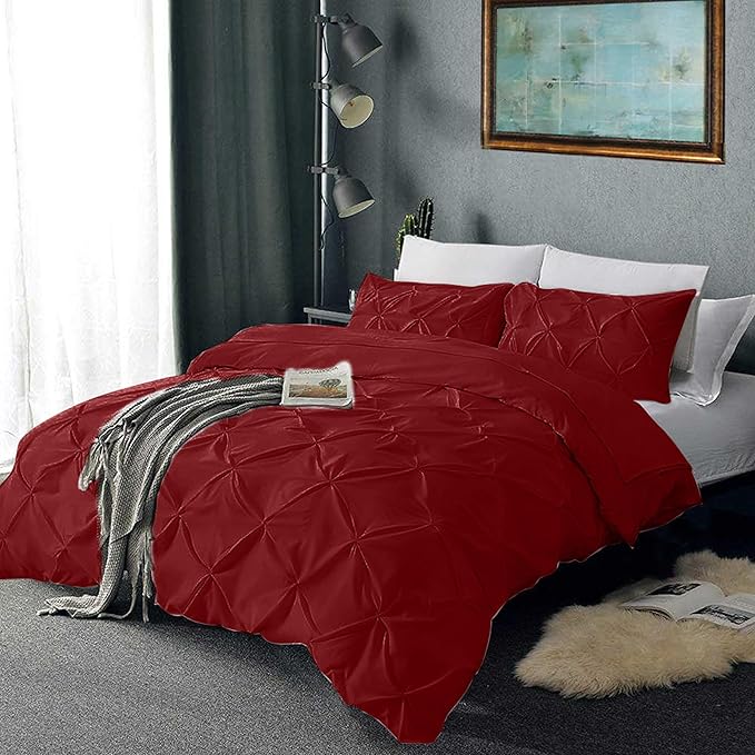 Pinch Pleated Duvet Cover Set 100% Cotton 3PC Super King Size 98x108 Duvet Cover Set, Decorative Pinch Design Burgundy Duvet Cover with Matching Pillow Case