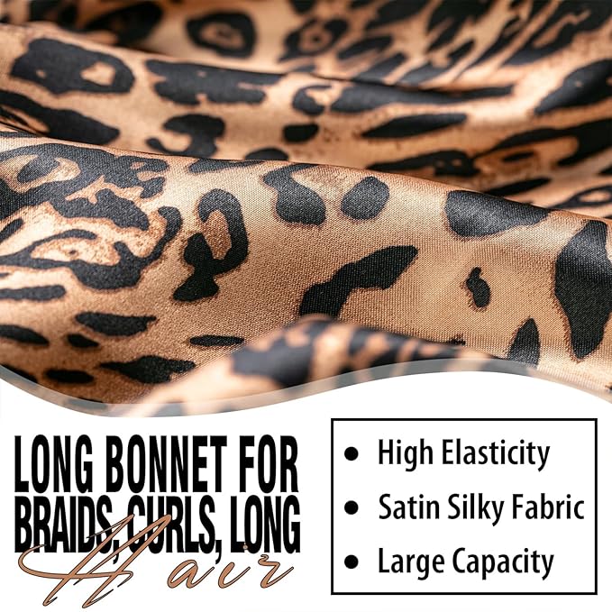 2Pcs Bonnets for Women Sleeping Braid Bonnet, Large Long Satin Silk Bonnet for Braids, Black Women Braid Bonnets with Stretchy Tie Band for Sleeping Extra Long (Pink & Leopard)