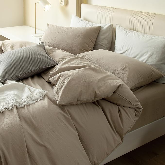 JIYUAN 100% Washed Cotton Duvet Cover Set 3 Pieces Full, 1 Duvet Cover 80x90 Inches(Comforter Not Included) and 2 Pillowcases,Linen Feel Bedding Set Comfy and Breathable,Khaki