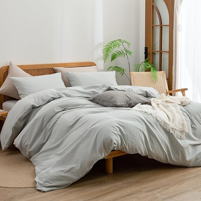 BESTOUCH Duvet Cover Set 100% Washed Cotton Linen Feel Super Soft Comfortable Chic Lightweight 3 PCs Home Bedding Set Solid Northern Droplet Grey Super Queen