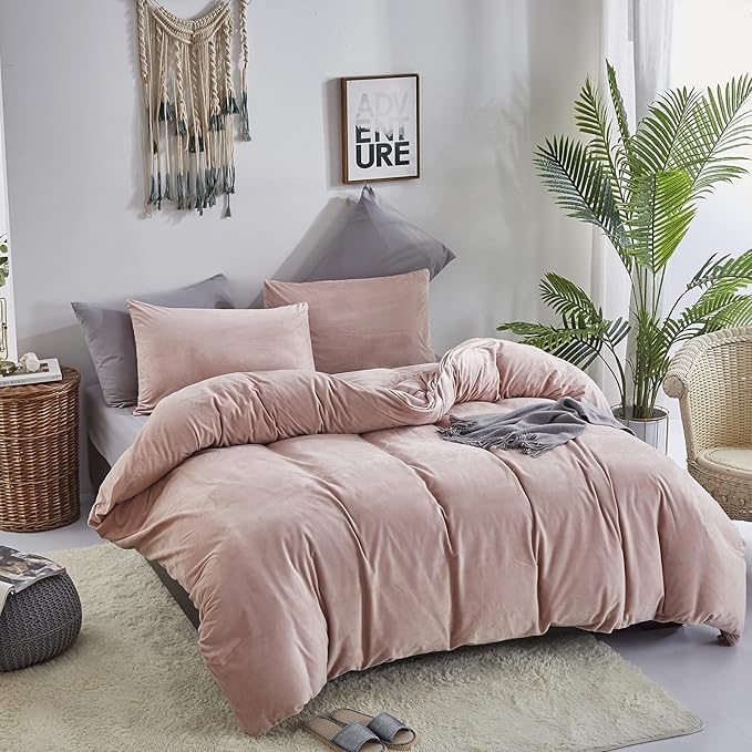 Cottonight Pink Velvet Comforter Set King Dusty Pink Flannel Bedding Comforter Set Winter Warm Blush Pink Heavyweight Warm Blanket Quilts Modern Winter Warm 3 Piece Velvet Comforter Set for King Bed