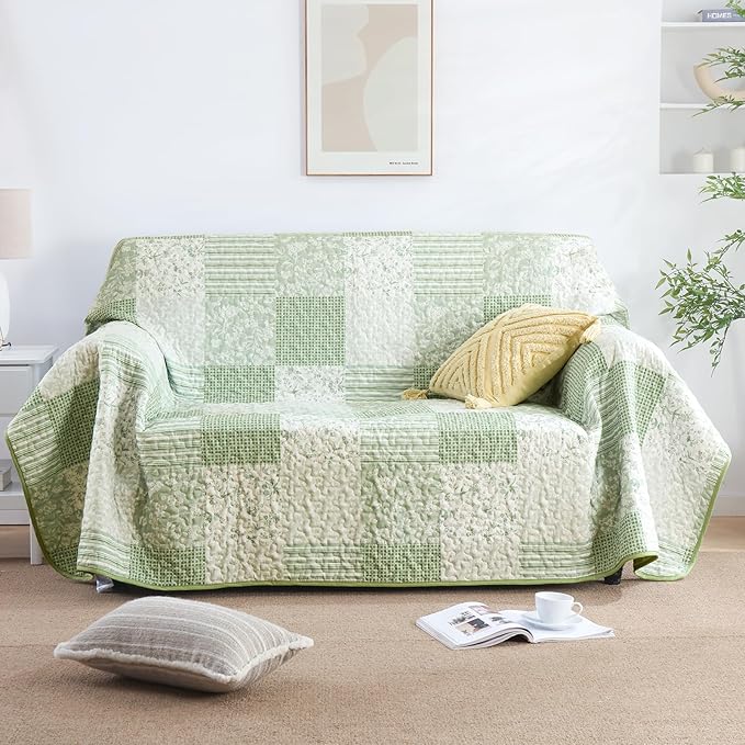 Mybedsoul Light Green Quilt Set King Size, 3 Pieces Plaid Floral Bedspread Set Patchwork Reversible Bedding Set Microfiber Lightweight Bedspread Coverlet Set for All Season 110"x90"