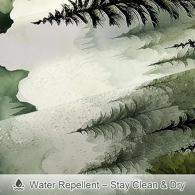 Dark Green Misty Pine Forest Shower Curtain, Mountain Foggy Woodland Scenery Tree Shower Curtains for Chic Rustic Bathroom, Abstract Modern Waterproof Nature-Themed Decor, 72x72 Inches