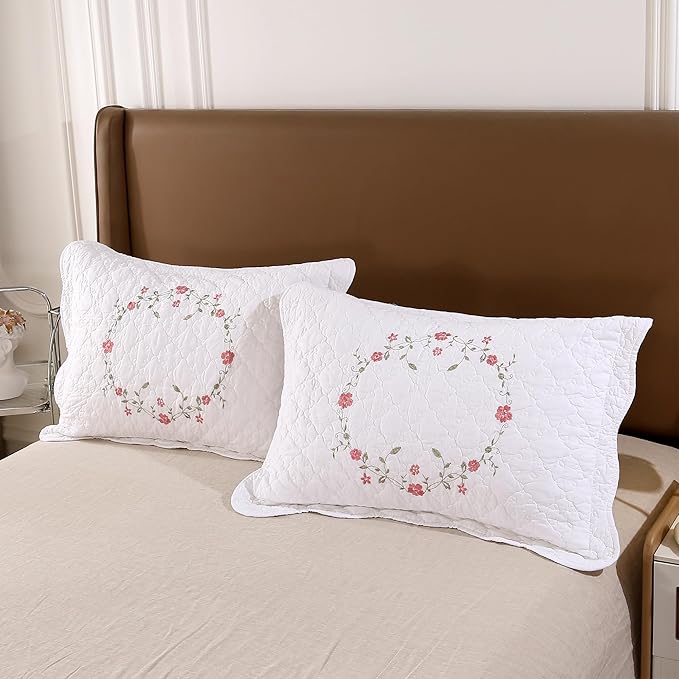 Quilt Set Circular Floral 3D Embroidery Pattern 3 PCS 100% Cotton Reversible Quilted Embroidered Decorative Bedspreads Coverlet Set, Lightweight &Soft Full Size White Bedding Coverlet for All Season