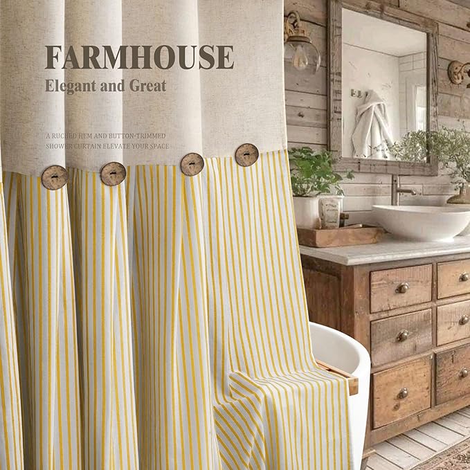 Farmhouse Shower Curtain Linen Button Woven Fabric Country Rustic Western, Pleated Yellow Stripe 72" W x 72" L