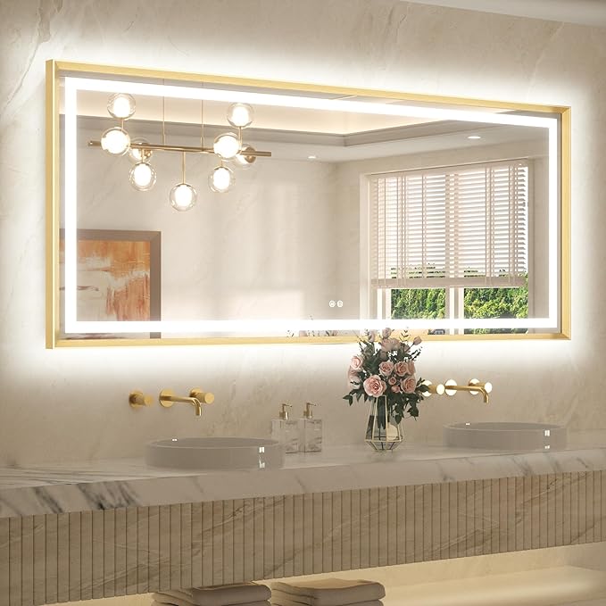 TETOTE 72 x 32 Large Bathroom Mirror Brushed Gold Metal Frame Frontlit & Backlit Vanity Mirror 3 Colors White/Warm/Natural Stepless Dimmable Anti-Fog Bathroom Mirrors for Vanity Wall-Mounted