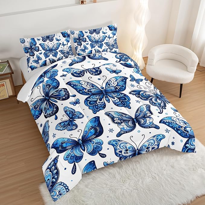 Blue Butterfly Comforter Bedding Set King Size,Bohemian Style Blue Series Bedding for Kids Girls Boys,Insect Themed Children's Bedding Soft Fluffy Comforter Sets with 2 Pillowcases.