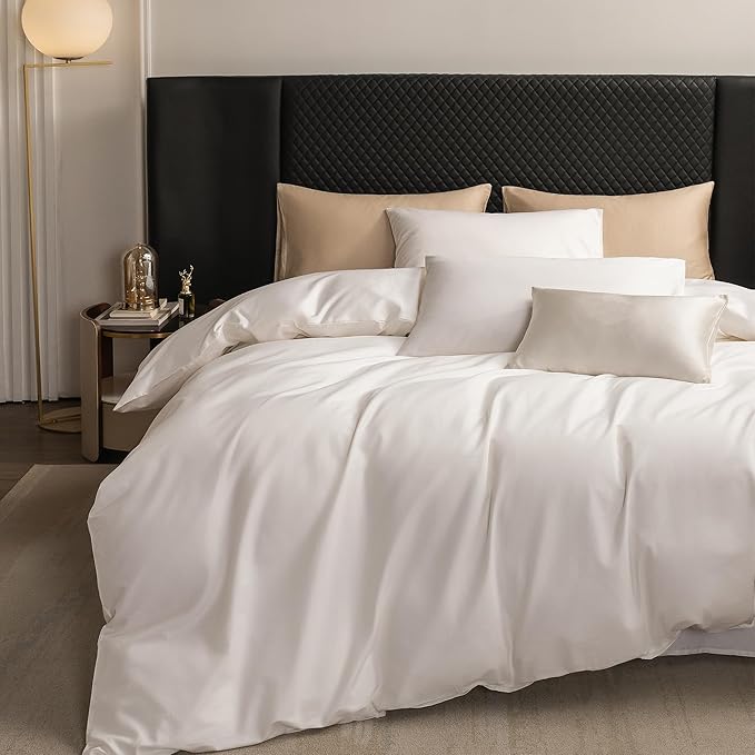 MooMee Duvet Cover Set 100% Extra Long Staple Cotton 600 Thread Count Silky Sateen Smooth Luxury Soft Breathable Durable Hotel Quality Bedding, 3 Pieces (Creamy White, Super Queen 90"x98")