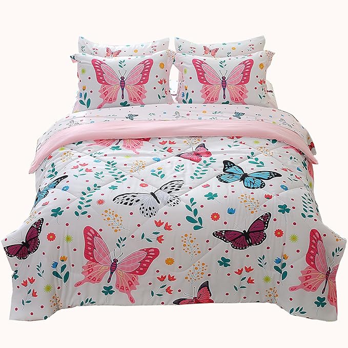 Wajade Queen Size Butterfly Comforter Set for Girls Kids Bedding Sets for Girls 7 Pieces Bed in a Bag Colorful Butterflies Flower Leaves Bedding Set All Season Lightweight
