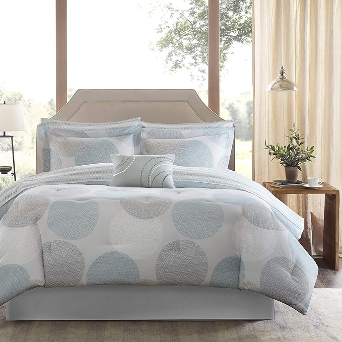 Madison Park Essentials Bed in a Bag Comforter, Vibrant Color Design All Season Down Alternative Cover with Complete Cotton Sheet Set, Twin(68"x86"), Knowles, Circular Aqua, 7 Piece