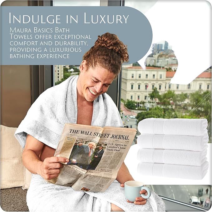 MAURA Basics Performance Bath Towels 100% Turkish Cotton with Hook Loops. Extra Large Luxury Absorbent Plush Towel Sets for Bathroom, Daily Use American Standard Size 27”x54”, White