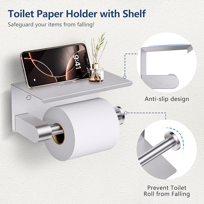 TQKAG 5 Piece Bathroom Towel Bar Holder Sets Brushed Nickel Bathroom Hardware Set Stainless Steel Toilet Paper Holder with Shelf Bathroom Accessories Kit Wall Mounted