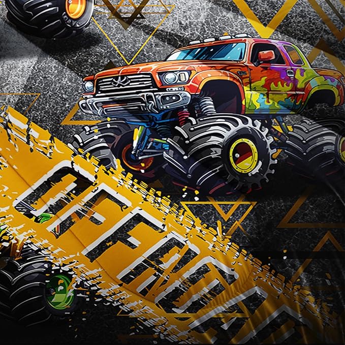 Queen Size Monster Truck Comforter Sets for Boys，Monster Truck Queen Size Bedding Sets Boys，with 1 Comforter with 2 Pillow Case，Kids Monster Truck Themed Bedroom Decor