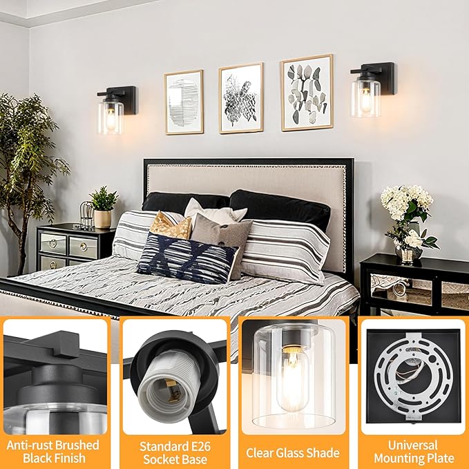 1 Light Modern Bathroom Light Fixtures Over Mirror, Black Vanity Lights for Bathroom Wall Sconces with Clear Glass Shades, E26 Socket (Bulbs Not Included)