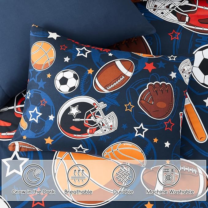 Full Size Comforter Set for Boys-7 Pieces Sports Ball Games Glow in The Dark Full Bedding Sets for Kids, Ultra Soft Bed in A Bag with Sheets