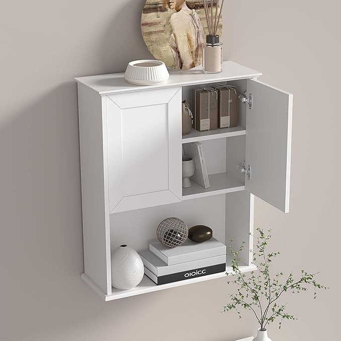 Bathroom Wall Cabinet Wooden with 2 Doors,Over the Toilet Storage Cabinet,Bathroom and Laundry Wall Mount Storage Medicine Cabinet with Open and Adjustable Shelf,Easy Assembly (Style A -1 PC, White)