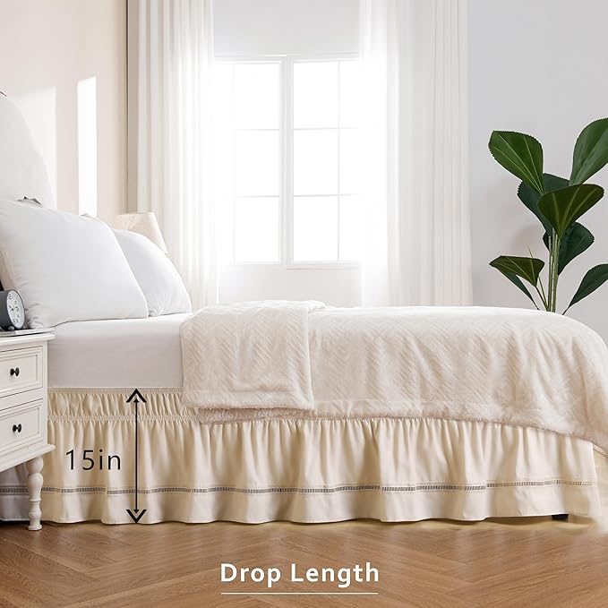 MIYE Wrap Around Ruffled Lace Bed Skirt, Elastic Dust Ruffle with Adjustable Belts, Easy to Put On, Bed Frame Cover, Machine Washable (Ruffled Lace/Light Beige, King/Queen-15 Drop)
