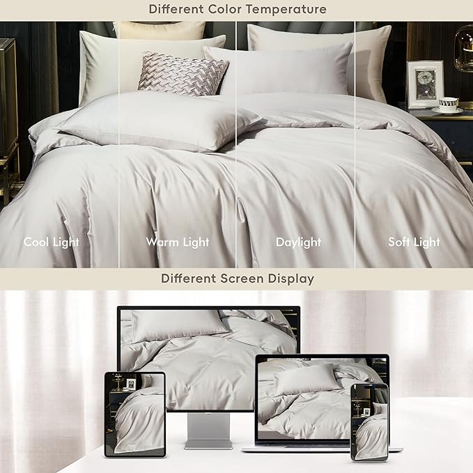 MooMee Duvet Cover Set 100% Extra Long Staple Cotton 600 Thread Count Silky Sateen Smooth Luxury Soft Breathable Durable Hotel Quality Bedding, 3 Pieces (Silver Gray, Queen 90"x90")
