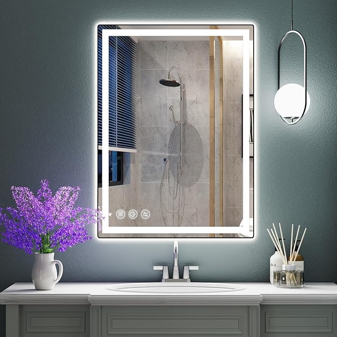 LED Bathroom Mirror 24"x 32" with Stepless Dimmable Wall Mirrors with Anti-Fog, Dimmable CRI>90, Vanity Mirror with 3 Color Modes, Shatter-Proof, Memory Bathroom Mirror with LED Lights